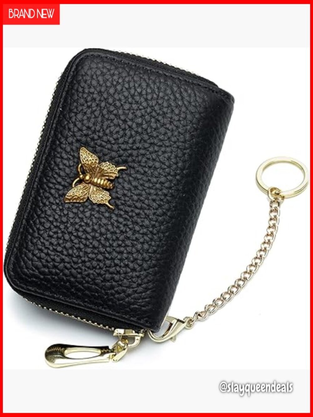 Genuine Leather RFID Blocking Card Case with Zipper and Keychain
